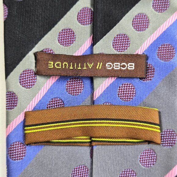 BCBG Attitude 100% Silk Men's Tie Black Gray Blue Pink Stripes Polka Dots - Picture 5 of 7